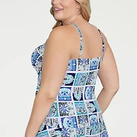 Liz Claiborne Womens Comfort Straps Shirred Patchwork Plus Tankini Swimsuit Top