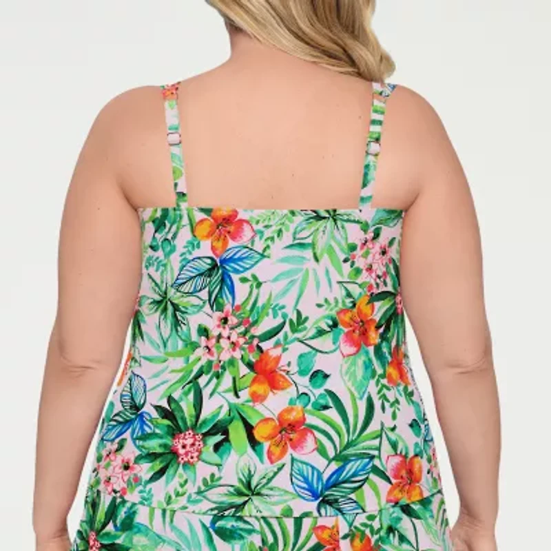 Liz Claiborne Womens Comfort Straps Lined Shirred Floral Plus Tankini Swimsuit Top