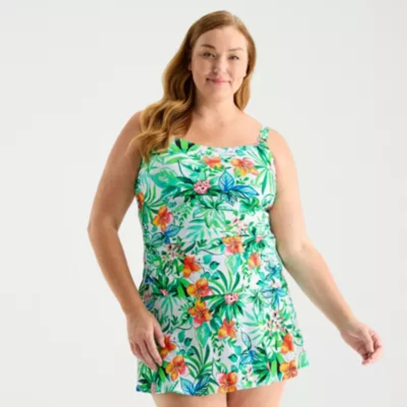 Liz Claiborne Womens Comfort Straps Lined Shirred Floral Plus Tankini Swimsuit Top