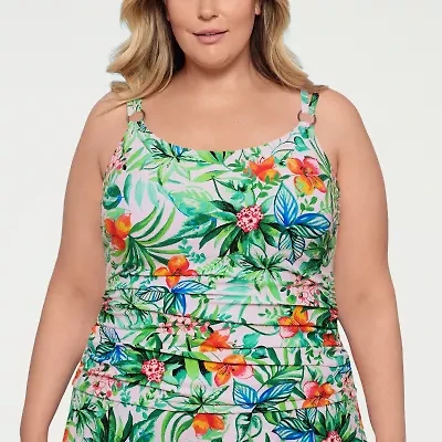 Liz Claiborne Womens Comfort Straps Lined Shirred Floral Plus Tankini Swimsuit Top
