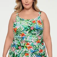 Liz Claiborne Womens Comfort Straps Lined Shirred Floral Plus Tankini Swimsuit Top