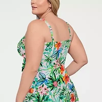 Liz Claiborne Womens Comfort Straps Lined Shirred Floral Plus Tankini Swimsuit Top