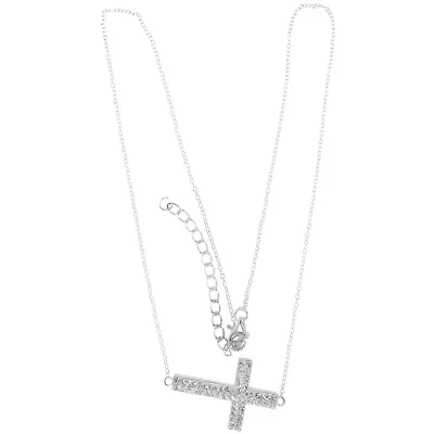 Sterling Silver Crystal Sideways Cross Pendant Necklace