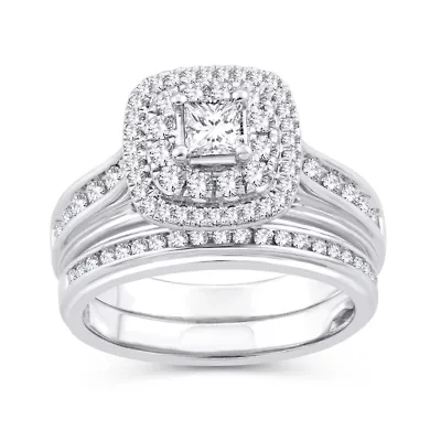 Womens 1 CT. T.W. Natural Diamond 10K White Gold Cushion Bridal Set