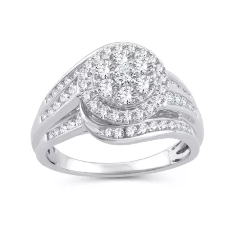 Womens 1 CT. T.W. Natural White Diamond 10K Gold Round Side Stone Halo Engagement Ring