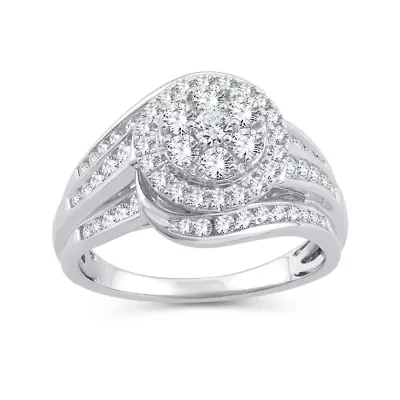 Womens 1 CT. T.W. Natural White Diamond 10K Gold Round Side Stone Halo Engagement Ring
