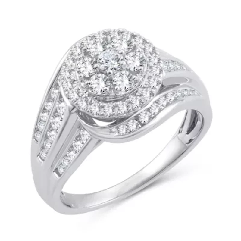 Womens 1 CT. T.W. Natural White Diamond 10K Gold Round Side Stone Halo Engagement Ring