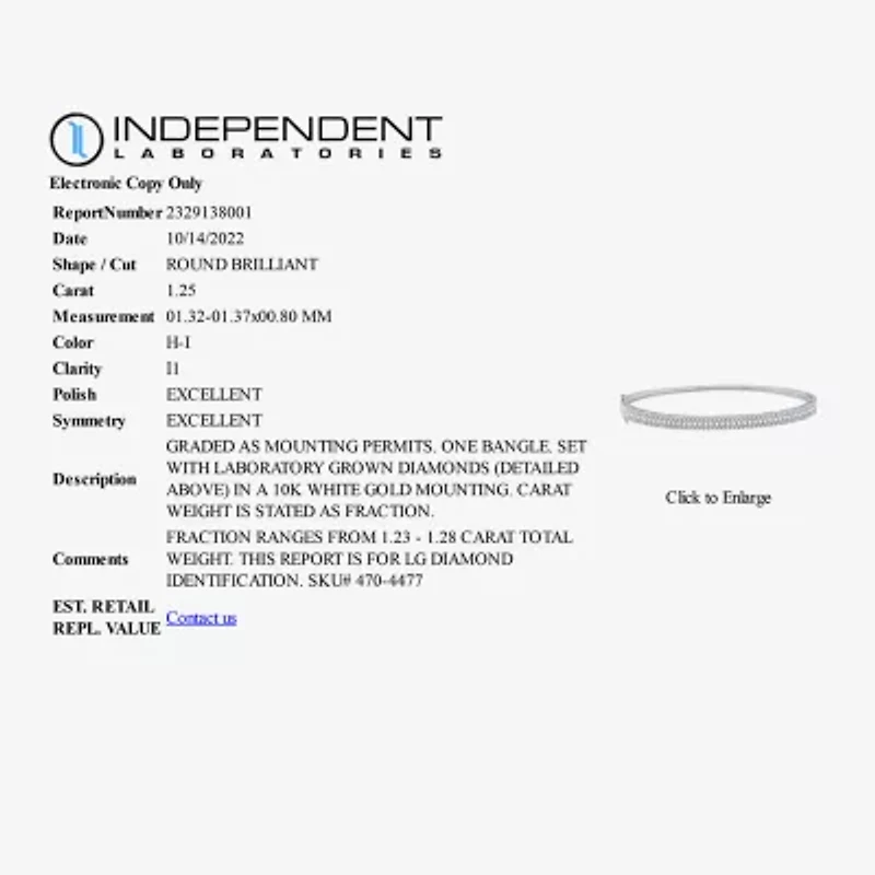 (H-I / I1) Womens 1 1/4 CT. T.W. Lab Grown White Diamond 10K White Gold Bangle Bracelet