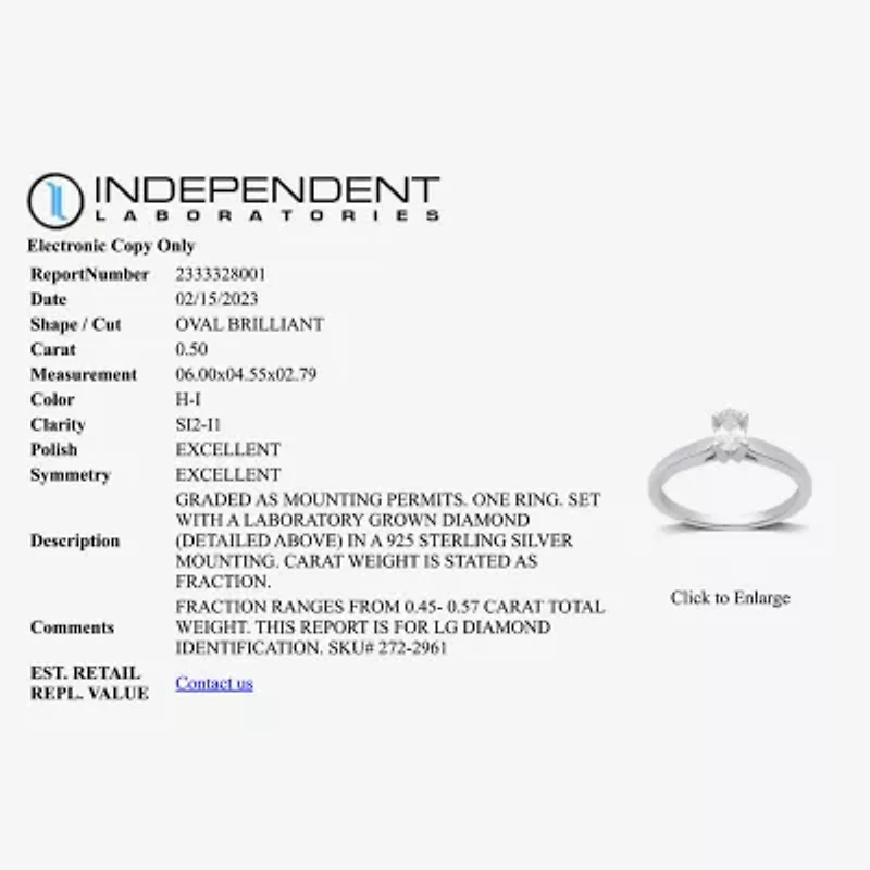I Said Yes (H-I / Si2-I1) Womens 1/ CT. Lab Grown White Diamond Sterling Silver Oval Solitaire Engagement Ring