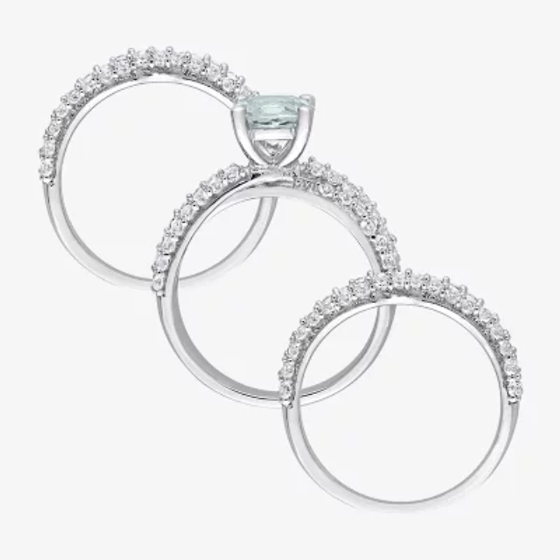 Modern Bride Gemstone Womens Genuine Blue Aquamarine Sterling Silver Round Bridal Set