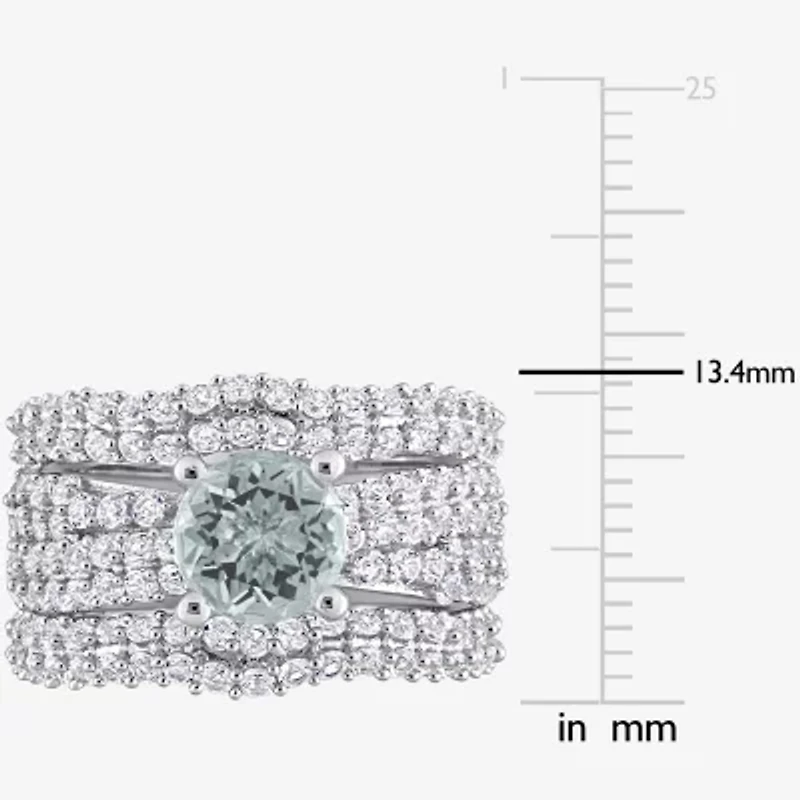 Modern Bride Gemstone Womens Genuine Blue Aquamarine Sterling Silver Round Bridal Set