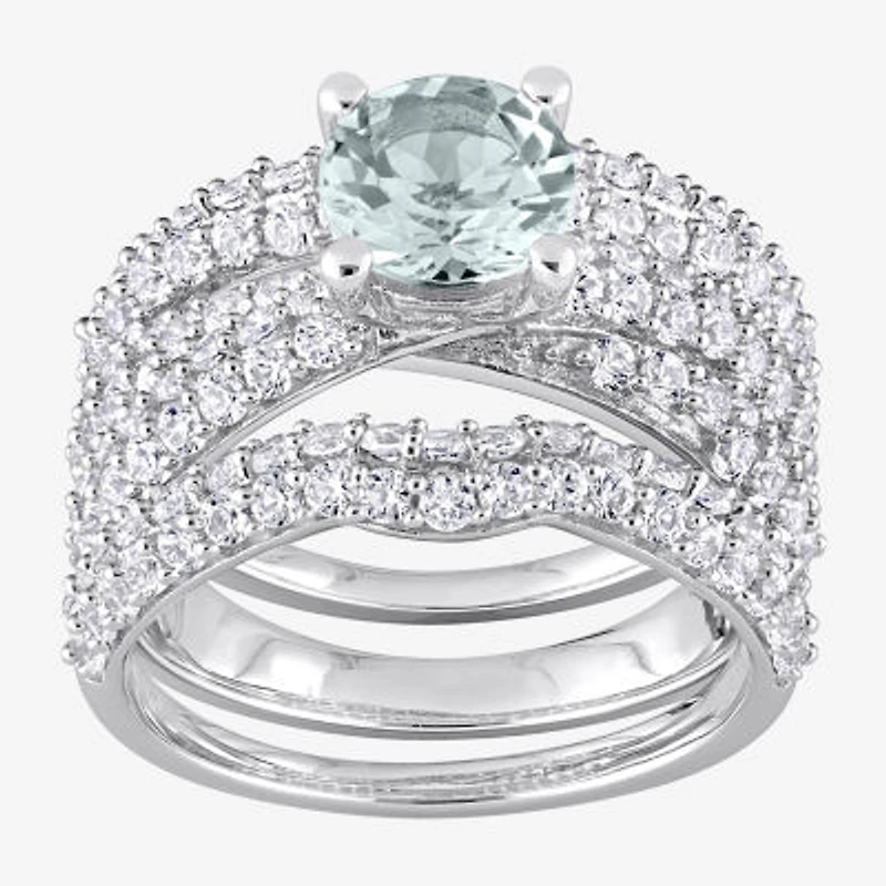 Modern Bride Gemstone Womens Genuine Blue Aquamarine Sterling Silver Round Bridal Set