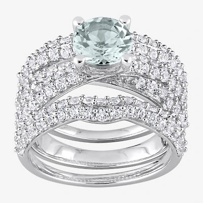 Modern Bride Gemstone Womens Genuine Blue Aquamarine Sterling Silver Round Bridal Set