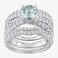 Modern Bride Gemstone Womens Genuine Blue Aquamarine Sterling Silver Round Bridal Set
