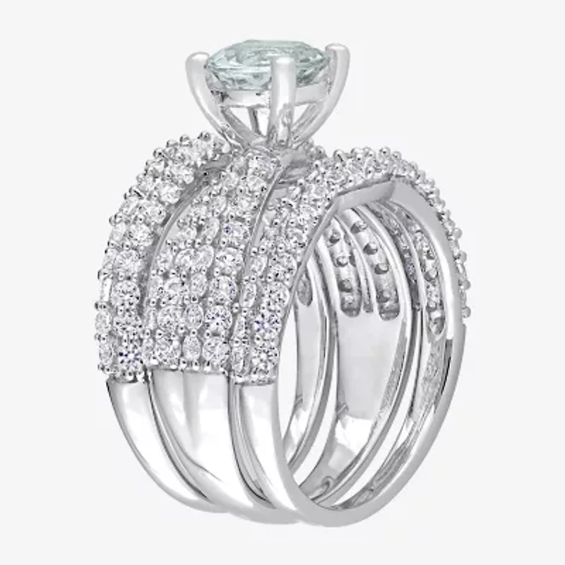 Modern Bride Gemstone Womens Genuine Blue Aquamarine Sterling Silver Round Bridal Set