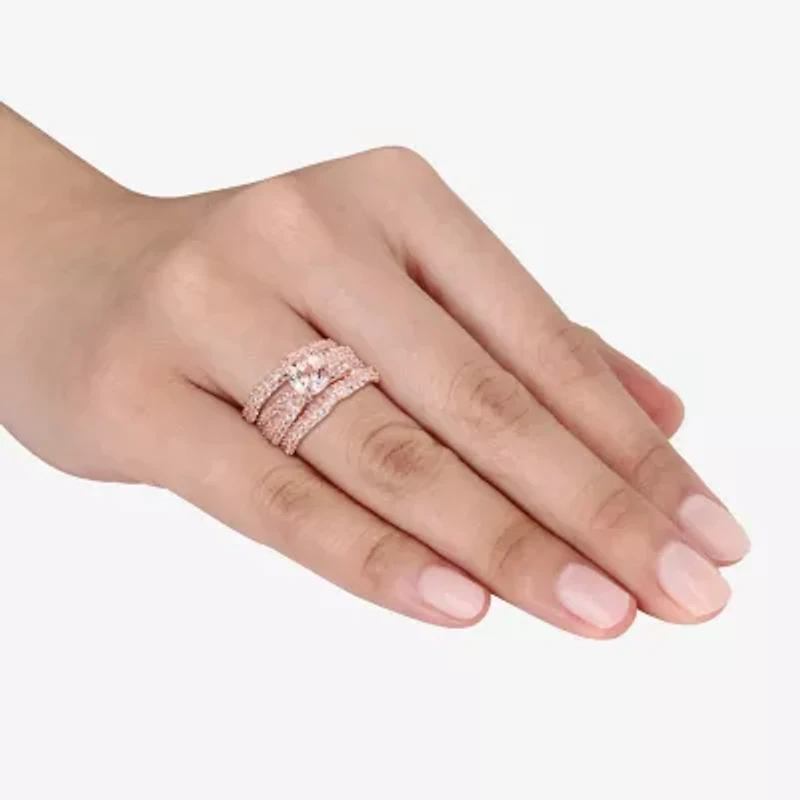 Modern Bride Gemstone Womens Genuine Pink Morganite 18K Rose Gold Over Silver Round Bridal Set
