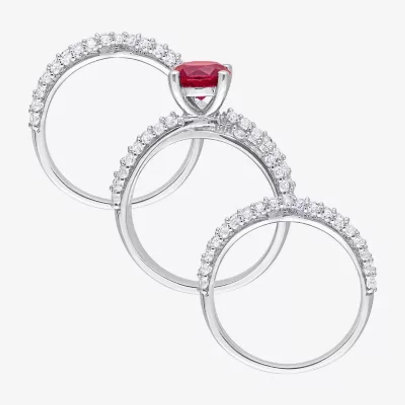 Modern Bride Gemstone Womens Lab Created Red Ruby Sterling Silver Bridal Set