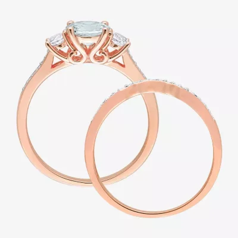 Modern Bride Gemstone Womens 1/8 CT. T.W. Genuine Blue Aquamarine 10K Rose Gold Round 3-Stone Bridal Set