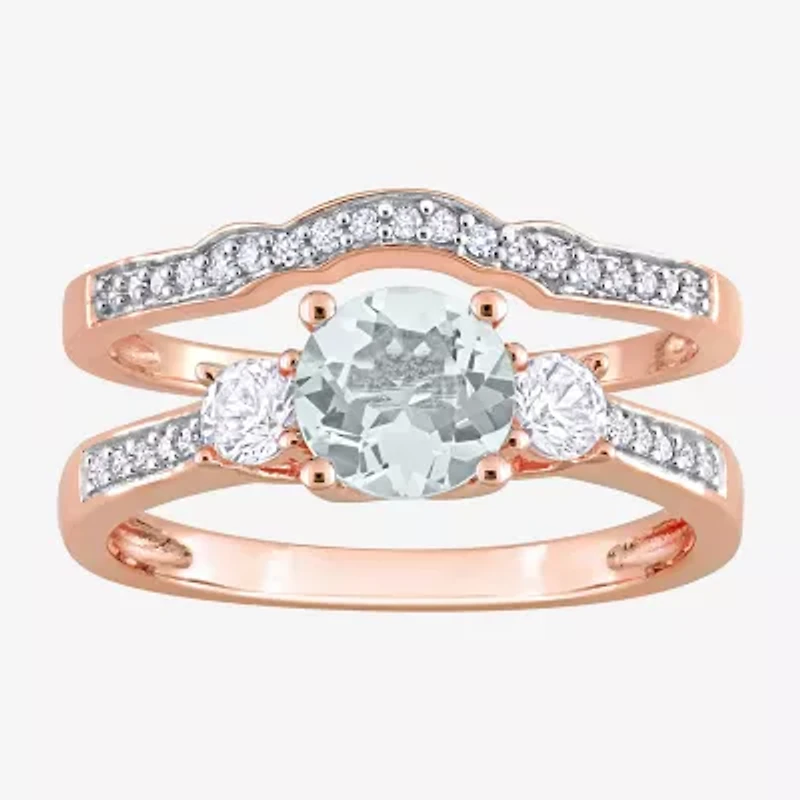Modern Bride Gemstone Womens 1/8 CT. T.W. Genuine Blue Aquamarine 10K Rose Gold Round 3-Stone Bridal Set