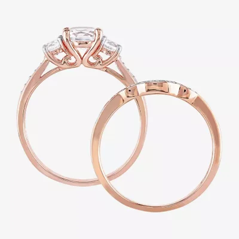 Modern Bride Gemstone Womens 1/8 CT. T.W. Lab Created White Sapphire 10K Rose Gold Round 3-Stone Bridal Set