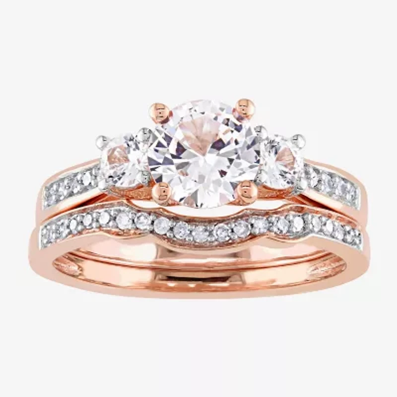 Modern Bride Gemstone Womens 1/8 CT. T.W. Lab Created White Sapphire 10K Rose Gold Round 3-Stone Bridal Set