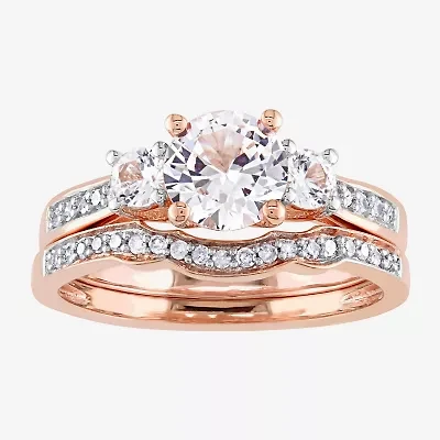 Modern Bride Gemstone Womens 1/8 CT. T.W. Lab Created White Sapphire 10K Rose Gold Round 3-Stone Bridal Set