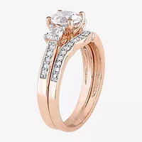 Modern Bride Gemstone Womens 1/8 CT. T.W. Lab Created White Sapphire 10K Rose Gold Round 3-Stone Bridal Set