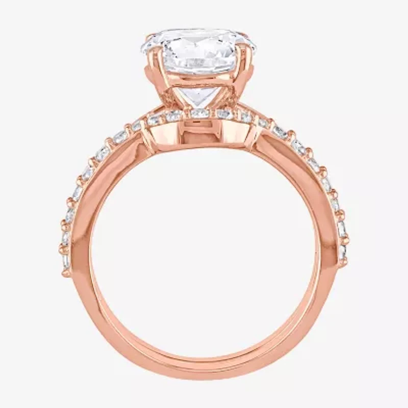Modern Bride Gemstone Womens Lab Created White Sapphire 10K Rose Gold Round Side Stone Solitaire Bridal Set