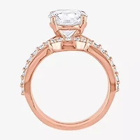 Modern Bride Gemstone Womens Lab Created White Sapphire 10K Rose Gold Round Side Stone Solitaire Bridal Set