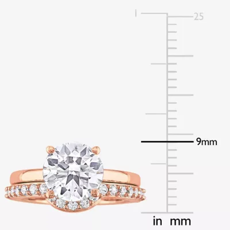 Modern Bride Gemstone Womens Lab Created White Sapphire 10K Rose Gold Round Side Stone Solitaire Bridal Set