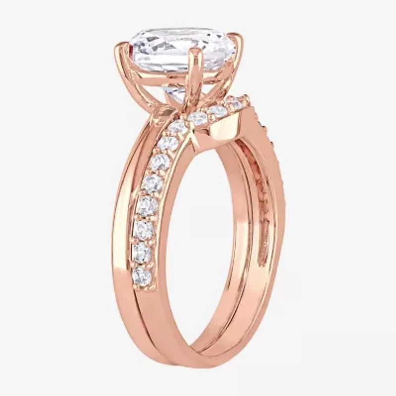Modern Bride Gemstone Womens Lab Created White Sapphire 10K Rose Gold Round Side Stone Solitaire Bridal Set