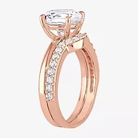 Modern Bride Gemstone Womens Lab Created White Sapphire 10K Rose Gold Round Side Stone Solitaire Bridal Set