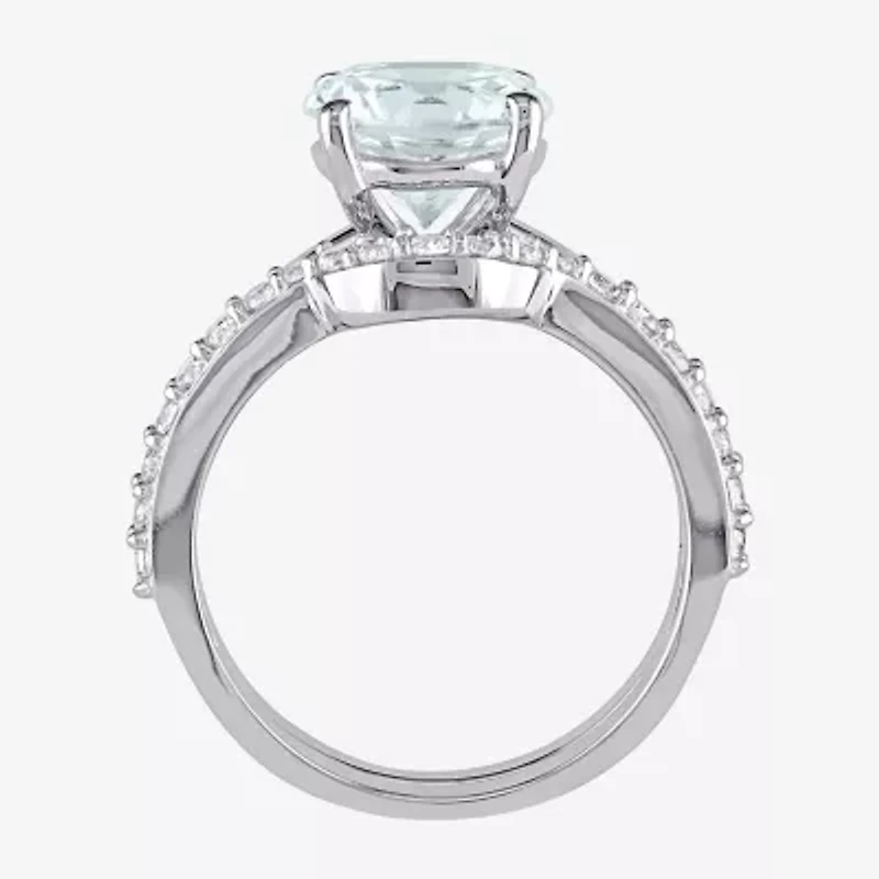 Modern Bride Gemstone Womens Genuine Blue Aquamarine 10K White Gold Round Bridal Set