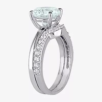 Modern Bride Gemstone Womens Genuine Blue Aquamarine 10K White Gold Round Bridal Set