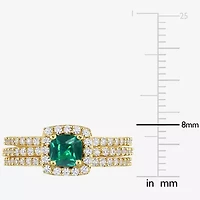 Modern Bride Gemstone Womens Lab Created Green Emerald 18K Gold Over Silver Cushion Side Stone Halo Bridal Set