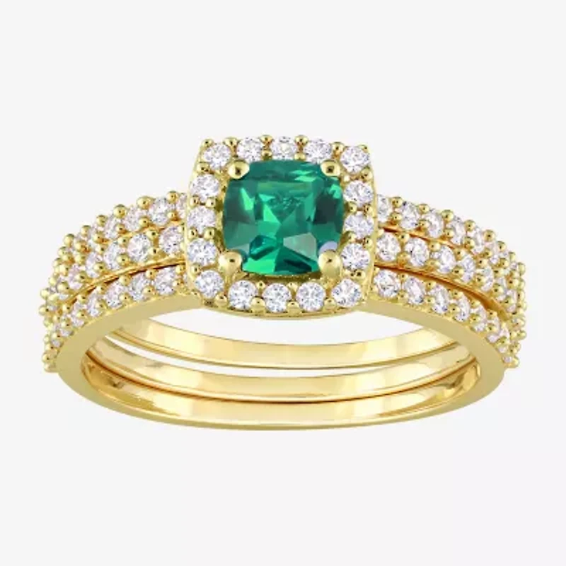 Modern Bride Gemstone Womens Lab Created Green Emerald 18K Gold Over Silver Cushion Side Stone Halo Bridal Set