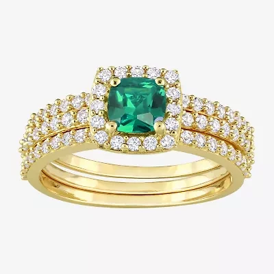 Modern Bride Gemstone Womens Lab Created Green Emerald 18K Gold Over Silver Cushion Side Stone Halo Bridal Set