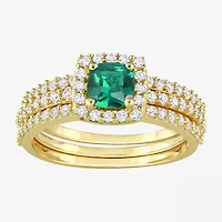 Modern Bride Gemstone Womens Lab Created Green Emerald 18K Gold Over Silver Cushion Side Stone Halo Bridal Set