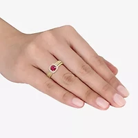 Modern Bride Gemstone Womens Lab Created Red Ruby 18K Gold Over Silver Cushion Side Stone Halo Bridal Set