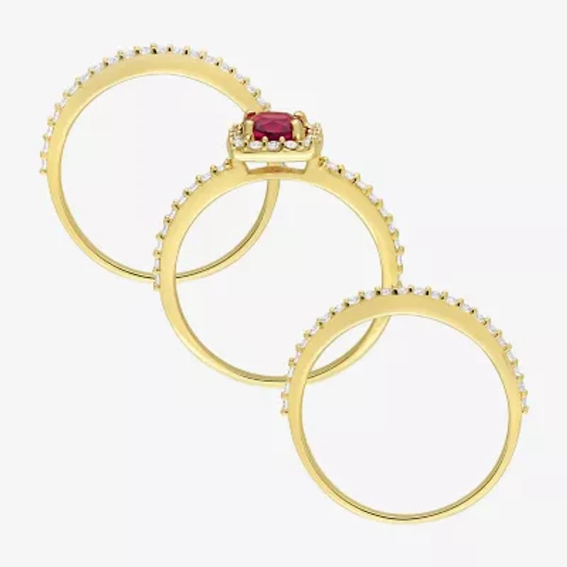 Modern Bride Gemstone Womens Lab Created Red Ruby 18K Gold Over Silver Cushion Side Stone Halo Bridal Set