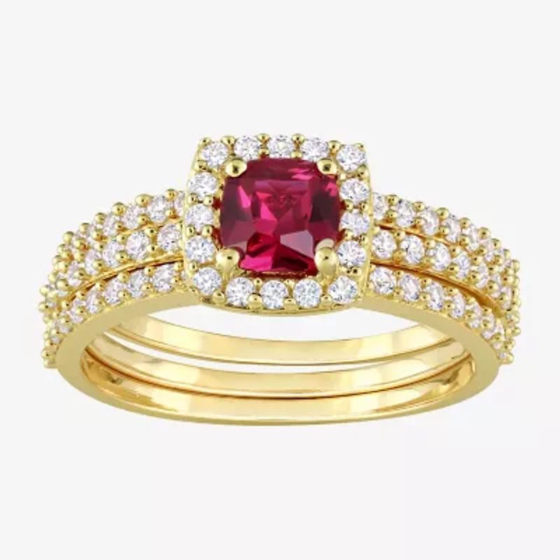 Modern Bride Gemstone Womens Lab Created Red Ruby 18K Gold Over Silver Cushion Side Stone Halo Bridal Set
