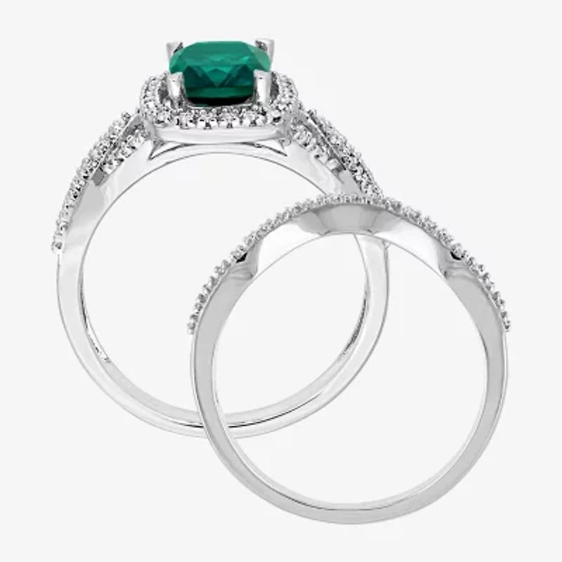 Modern Bride Gemstone Womens 1/4 CT. T.W. Lab Created Green Emerald 10K White Gold Cushion Side Stone Halo Bridal Set