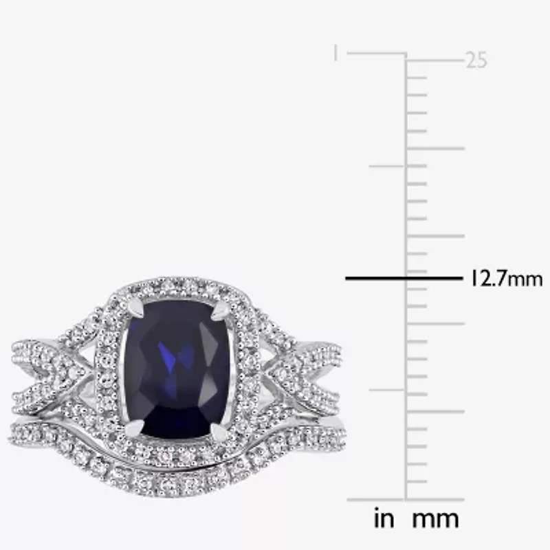 Modern Bride Gemstone Womens 1/4 CT. T.W. Lab Created Blue Sapphire 10K White Gold Cushion Side Stone Halo Bridal Set
