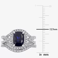 Modern Bride Gemstone Womens 1/4 CT. T.W. Lab Created Blue Sapphire 10K White Gold Cushion Side Stone Halo Bridal Set