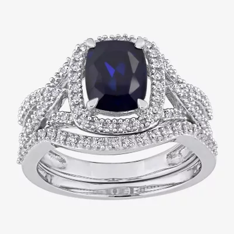 Modern Bride Gemstone Womens 1/4 CT. T.W. Lab Created Blue Sapphire 10K White Gold Cushion Side Stone Halo Bridal Set