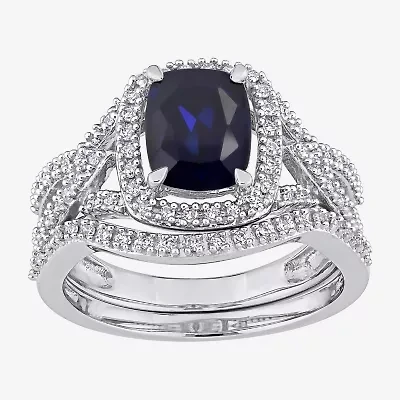 Modern Bride Gemstone Womens 1/4 CT. T.W. Lab Created Blue Sapphire 10K White Gold Cushion Side Stone Halo Bridal Set