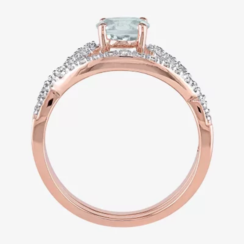 Modern Bride Gemstone Womens 1/7 CT. T.W. Genuine Blue Aquamarine 10K Rose Gold Round Side Stone Bridal Set