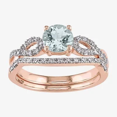 Modern Bride Gemstone Womens 1/7 CT. T.W. Genuine Blue Aquamarine 10K Rose Gold Round Side Stone Bridal Set