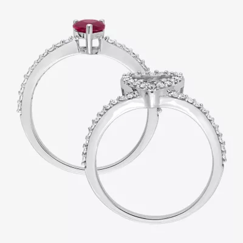 Modern Bride Gemstone Womens 1/2 CT. T.W. Lab Created Red Ruby 10K White Gold Heart Side Stone Halo Bridal Set