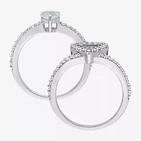 Modern Bride Gemstone Womens 1/2 CT. T.W. Genuine Blue Aquamarine 10K White Gold Heart Side Stone Halo Bridal Set